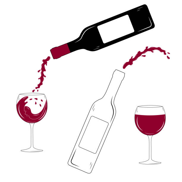 weinflaschen und gläser. weingut label. geburtstag feiern hintergrund. - spilling wine glass drink stock-grafiken, -clipart, -cartoons und -symbole