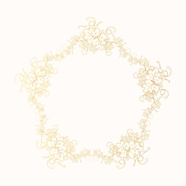 Golden grape frame with vine branches, bunch of berries and leaves. Ornate decoration gold border for wine menu, label design or wedding invitation. Vector foliage background. Golden grape frame with vine branches, bunch of berries and leaves. Ornate decoration gold border for wine menu, label design or wedding invitation. Vector foliage background. vineyard wine frame vine stock illustrations