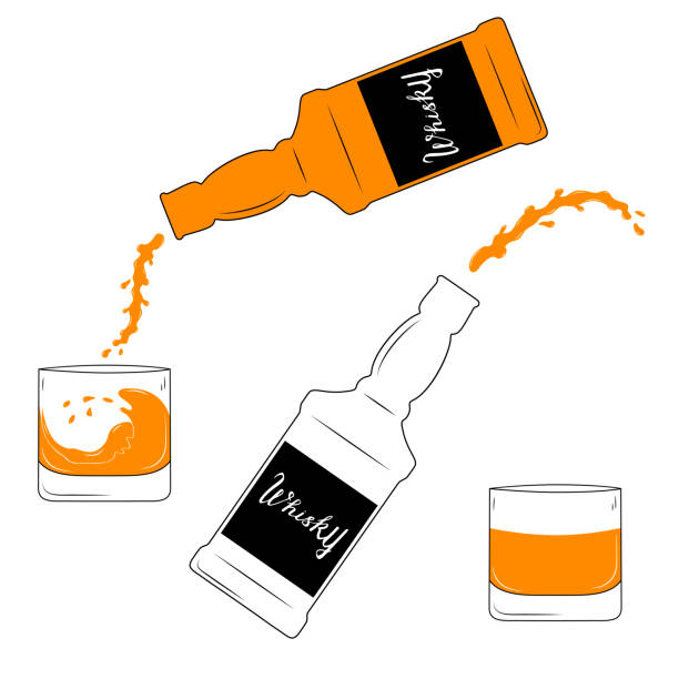 whiskyflaschen und-gläser. scotch label. partyfeier hintergrund. - spilling wine glass drink stock-grafiken, -clipart, -cartoons und -symbole