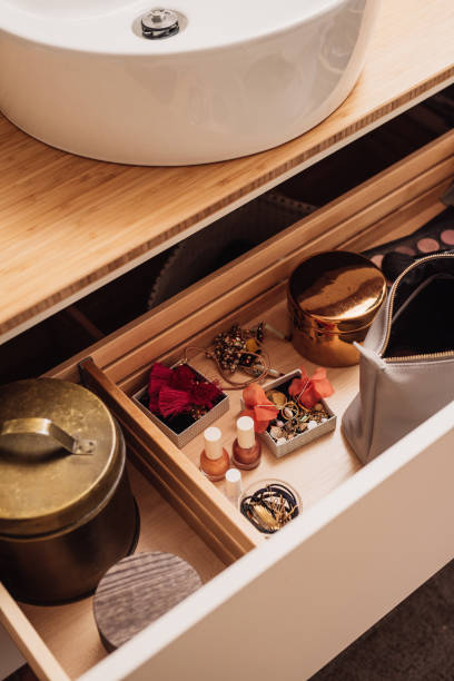 Bathroom washstand commode drawer storage with make up and jewelry