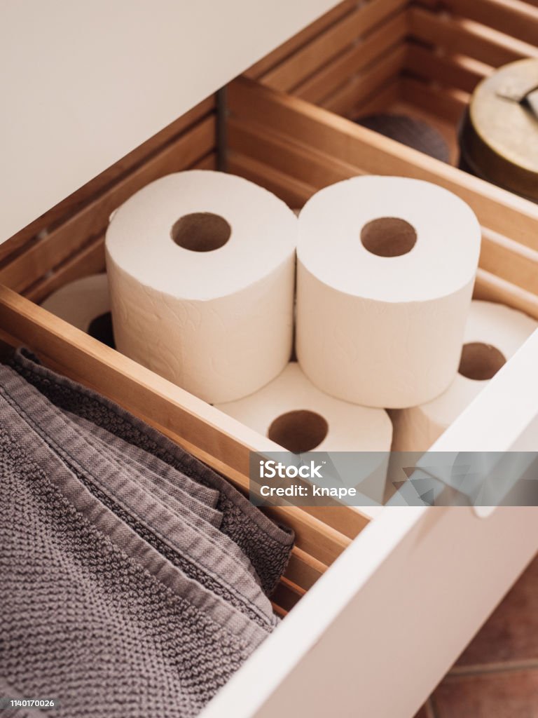 Toilet paper storage in bathroom drawer Toilet paper storage in bathroom drawer
Close up of stacked rolls Bathroom Stock Photo