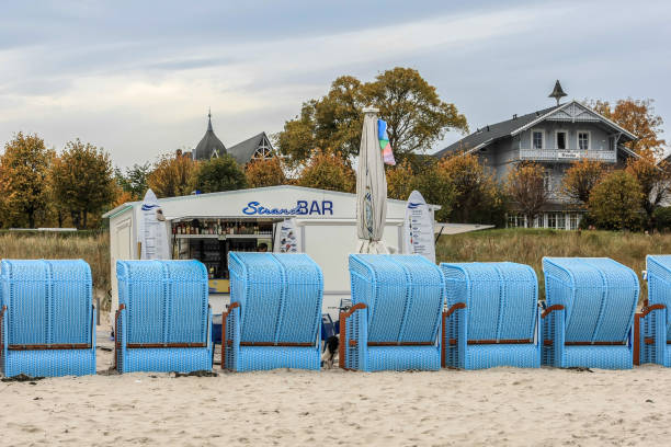 Binz, Germany, October 23, 2013 - Beach chairs in front of a beach bar in Binz on the Baltic island Rügen.