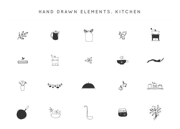 ilustrações, clipart, desenhos animados e ícones de jogo de elementos da etiqueta da cozinha do vetor. objetos desenhados mão. - herb cooking garlic mint