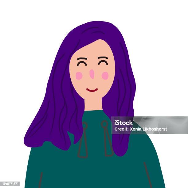 Portrait Of A Cute Girl With Purple Hair In A Green Dress Vector  Illustration Stock Illustration - Download Image Now - iStock