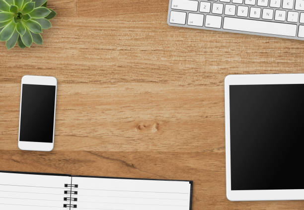 Wood desk background - Top View with Copy Space