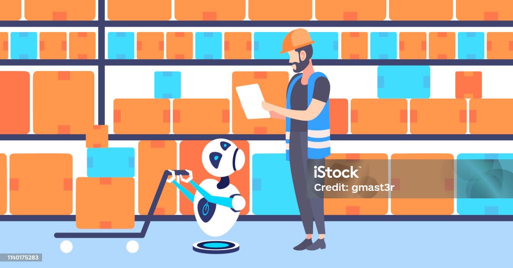 magazijn werknemers man in uniform met schattige koerier robot trekken kartonnen dozen op trolley hand truck kunstmatige intelligentieconcept moderne opslag interieur horizontale platte - Royalty-free Warenhuismedewerker vectorkunst