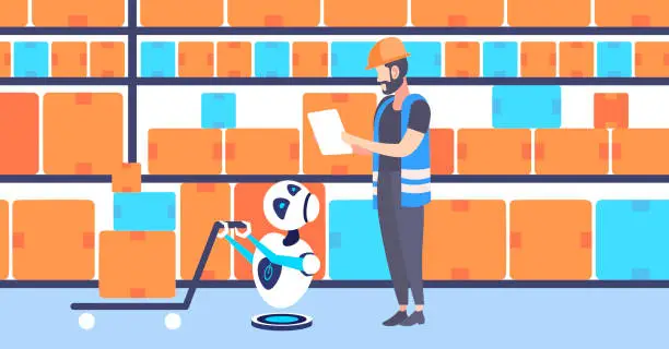 Vector illustration of warehouse workers man in uniform with cute courier robot pulling cardboard boxes on trolley hand truck artificial intelligence concept modern storage interior horizontal flat