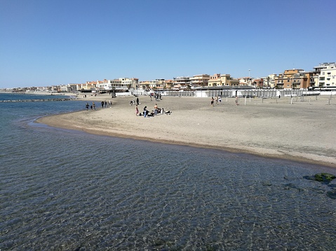 Ostia, Lazio, Italy - March 29, 2019: Panorama of the coast from the Ostia pier