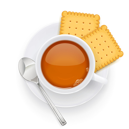 Tea cup and biscuit on plate. Traditional hot drink for breakfast. Tea time. Herbal tonic beverage. Isolated white background. Eps10 vector illustration.