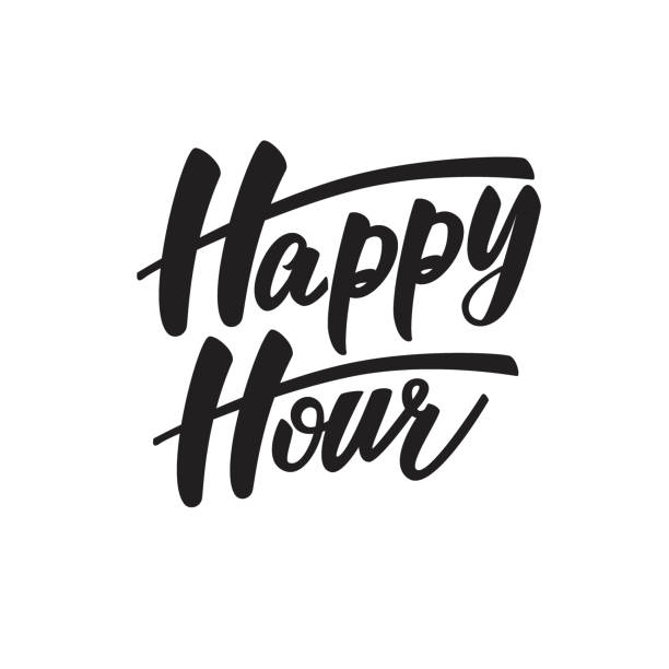 ilustraciones, imágenes clip art, dibujos animados e iconos de stock de diseño de letras happy hour. ilustración vectorial. - hora feliz