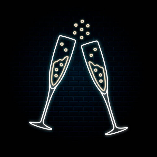 illustrations, cliparts, dessins animés et icônes de signe lumineux de néon avec deux verres de champagne de cliquetis. illustration d’isolement de vecteur. icône pour le fond de barre de célébration de nuit. led signe lumineux pour mariage restaurant signboard. - wedding vector illuminated square