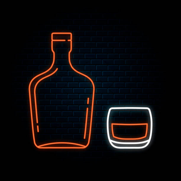 Glowing neon sign with rum bottle and glass. Vector isolated illustration. Icon for night alcohol bar background. Led luminous pub signboard. Glowing neon sign with rum bottle and glass. Vector isolated illustration. Icon for night alcohol bar background. Led luminous pub signboard. glass of bourbon stock illustrations