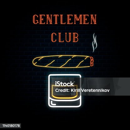 istock Glowing neon sign with whiskey glass and cigar. Vector isolated illustration. Icon for night bar background. Led luminous gentlemen club signboard. 1140180178