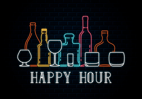 Neon bottles and glasses of whiskey, wine, tequila, champagne, cognac, rum, bourbon. Icon for night pub background. Led luminous sign for cocktail bar signboard happy hour.