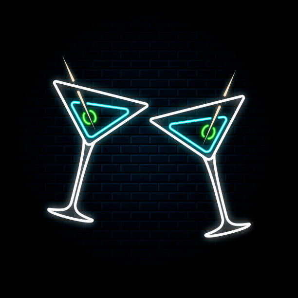 두 개의 클린 킹 마티니 안경을 빛나는 네온 사인. 벡터 고립 된 그림입니다. 밤 레스토랑 배경 아이콘입니다. 칵테일 바를 위한 led 발광 간판. - cocktail martini olive vodka stock illustrations
