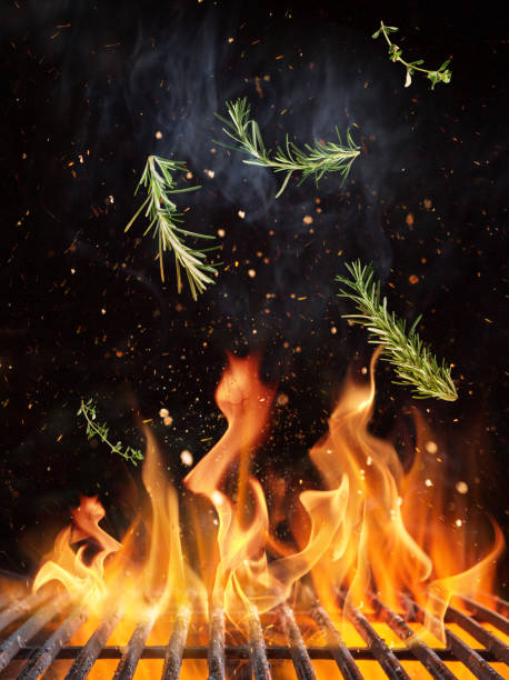 istock Rosemary flying above cast iron grate with fire flames. 1140181488