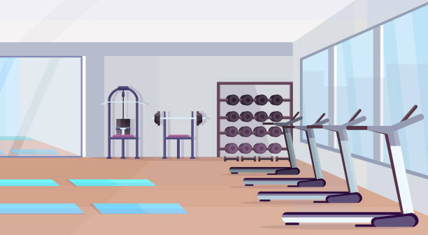 fitness-halle studio trainingsgeräte gesunde lifestyle-konzept leer keine menschen fitness-innenraum mit matten trainingsapparate hanteln spiegel und fenster horizontal - fitnessstudio geräte stock-grafiken, -clipart, -cartoons und -symbole