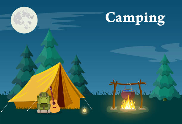 illustrazioni stock, clip art, cartoni animati e icone di tendenza di campeggio e mountain camp. - camping picnic mountain vector