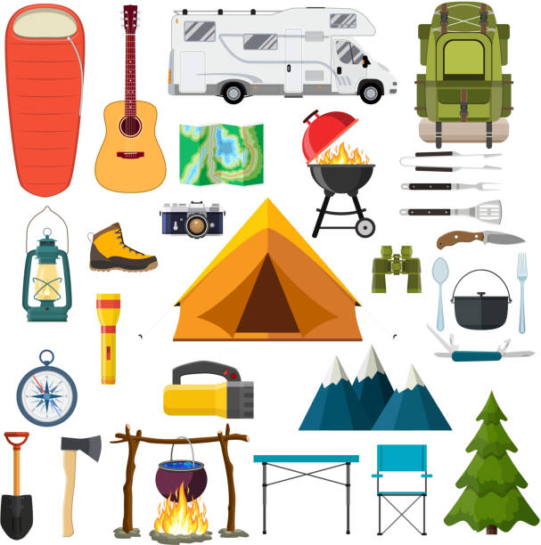 Mountain hike elements. Mountain hike elements. forest camping set icon collection. Mountains, tent, binoculars, campfire, barbecue, flashlight, lantern, camera Tourist camp tools Vector illustration in flat style cartoon camp lantern stock illustrations