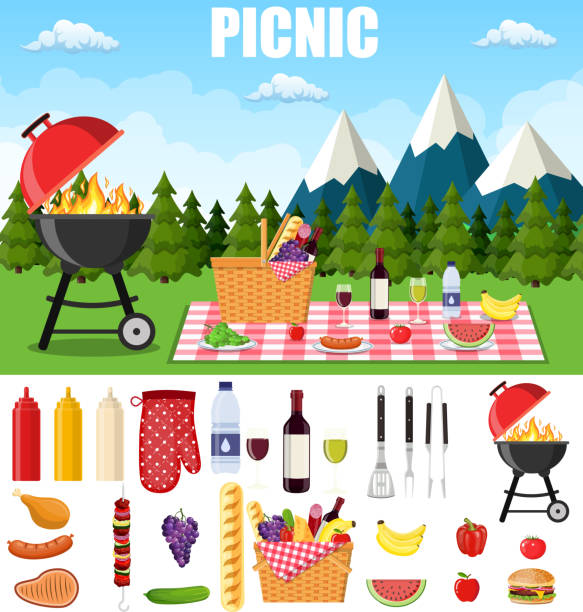 ilustrações, clipart, desenhos animados e ícones de piquenique de verão nas montanhas. - relish