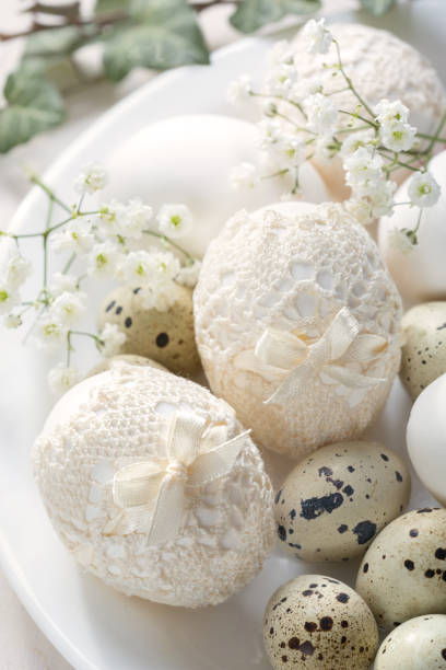 istock Still life with decorated Easter eggs in vintage style. 1140182419