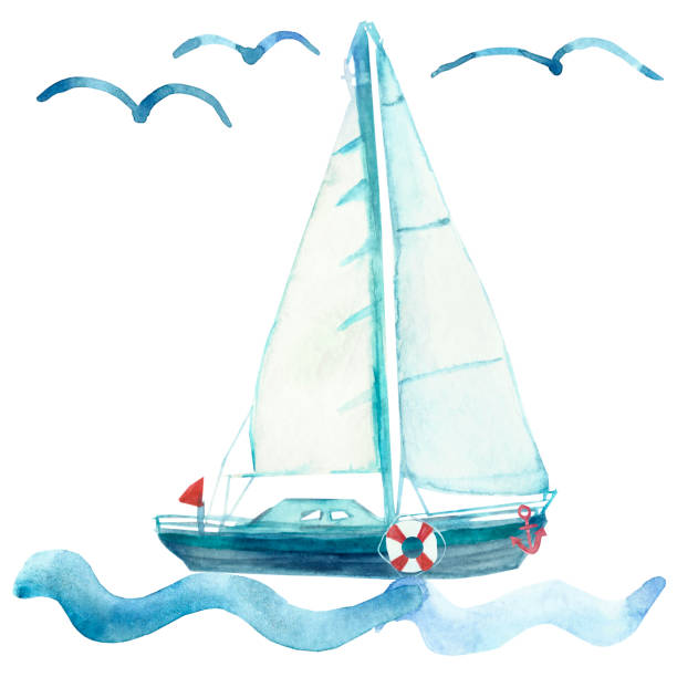 istock Marine illustration with vintage realistic elements: a boat with a sail in the waves, seagulls, a compass, an anchor, a steering wheel, a life preserver. Watercolor hand painted marine pattern. 1140182459