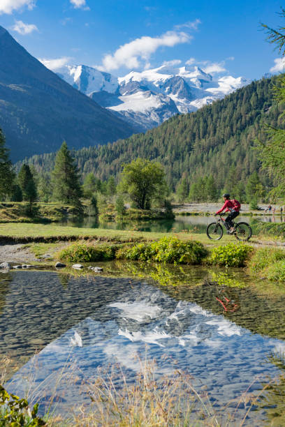 маунтинбикинг в долине энгадин в швейцарии - pontresina european alps st moritz engadine стоковые фото и изображения