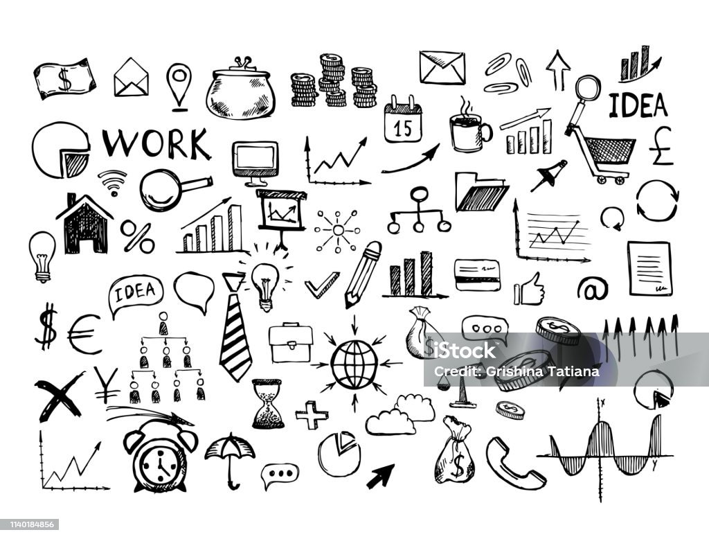 Hand drawn business symbols. Management concept with Doodle design style. Drawing - Activity stock vector
