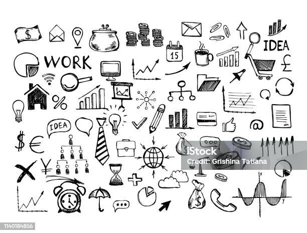 Hand Drawn Business Symbols Management Concept With Doodle Design Style Stock Illustration - Download Image Now