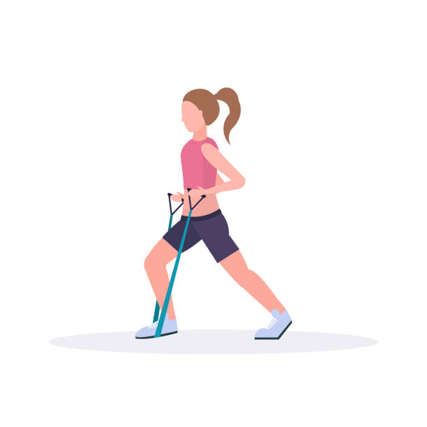 sporty woman doing exercises with resistance band girl training in gym stretching workout healthy lifestyle concept flat white background sporty woman doing exercises with resistance band girl training in gym stretching workout healthy lifestyle concept flat white background vector illustration crossfit girl stock illustrations
