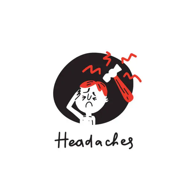 Vector illustration of Headaches. Funnay hand drawn illustration of man suffers from headaches, hummer. Vector.