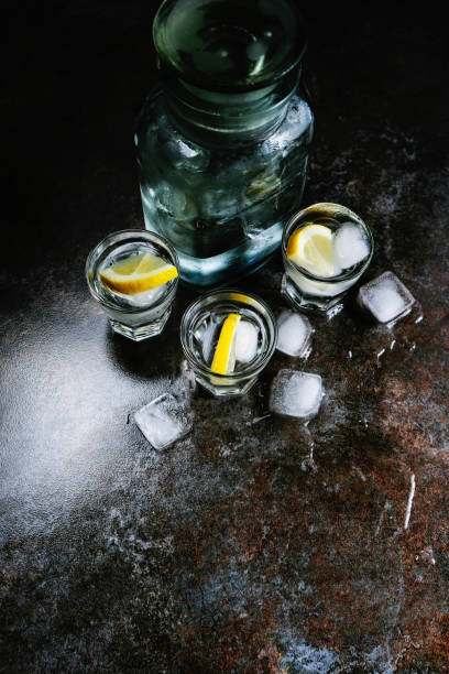 istock Vodka. Shots, glasses with vodka and lemon with ice .Dark stone background. Vertical image. 1140193411