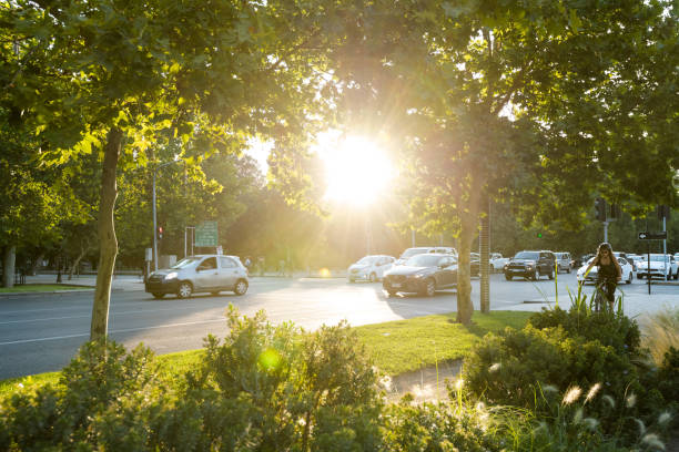 Santiago, Region Metropolitana, Chile - December 11, 2018: Traffic in the Forestal Park at downtown with a setting sun.
