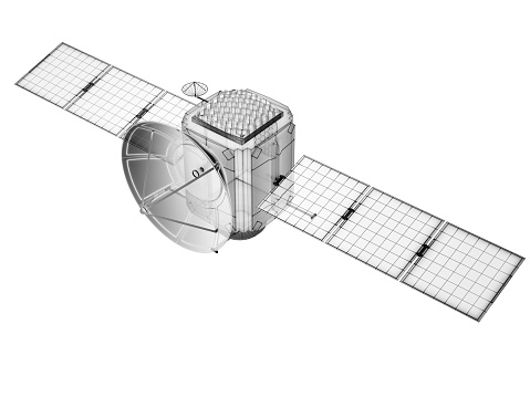 Technical drawing of futuristic satellite on white background. 3D illustration.