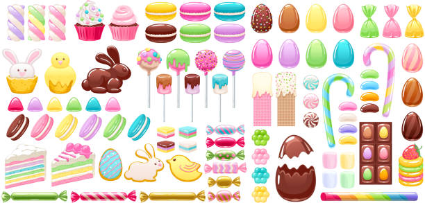 Colorful easter icons set vector illustration. Colorful easter sweets icons set vector illustration - colorful eggs, chocolate bunny, macarons, cookies, cakes, cupcakes, marshmallow, candies jello illustrations stock illustrations