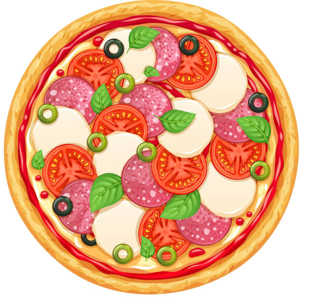illustrazioni stock, clip art, cartoni animati e icone di tendenza di pizza vettoriale con peperoni, mozarella e pomodoro. - mozarella sul tavolo