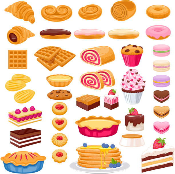 ilustraciones, imágenes clip art, dibujos animados e iconos de stock de conjunto de iconos de pastelería dulce. productos de panadería vectorial. - pastelería