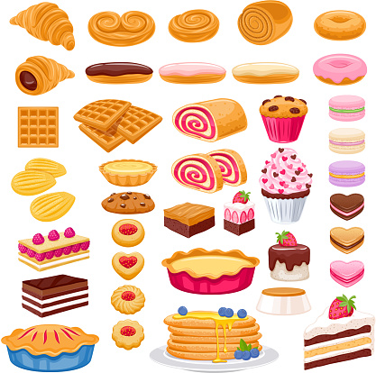 Sweet pastry icons set. Vector bakery products - french baguette, croissant, bagel, roll, cake, pie, cupcake, cookies eclair macaron madeleines mille-feuille