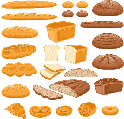 Bread icons set. Vector bakery pastry products - rye, wheat and whole grain bread, french baguette, croissant, bagel, roll, toast bread slices, donut, bun, loaf wicker bun