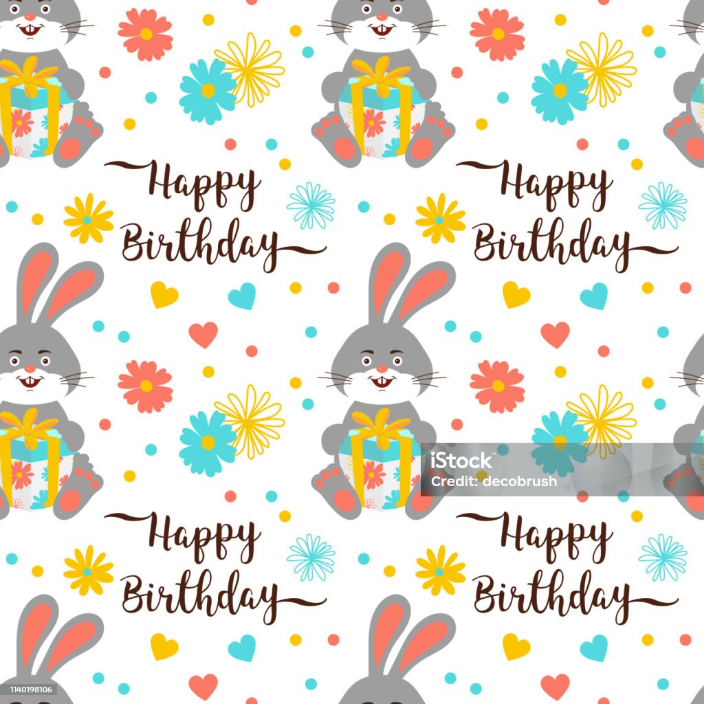 Happy Birthday pattern seamless, Trendy birthday lettering and cartoon bunny with gift. Cute rabbits and flowers. Happy hares wallpaper on white background. Vector pattern Happy Birthday pattern seamless, Trendy birthday lettering and cartoon bunny with gift. Cute rabbits and flowers. Happy hares wallpaper on white background. Vector pattern seamless Abstract stock vector