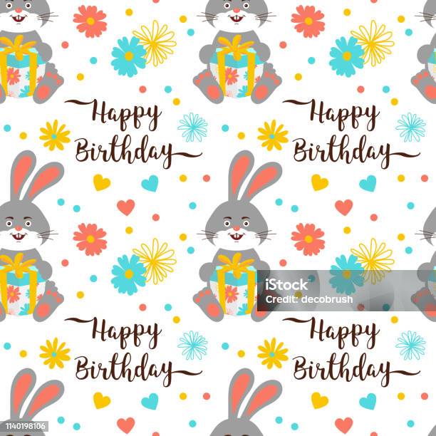 Happy Birthday Pattern Seamless Trendy Birthday Lettering And Cartoon Bunny With Gift Cute Rabbits And Flowers Happy Hares Wallpaper On White Background Vector Pattern Stock Illustration - Download Image Now