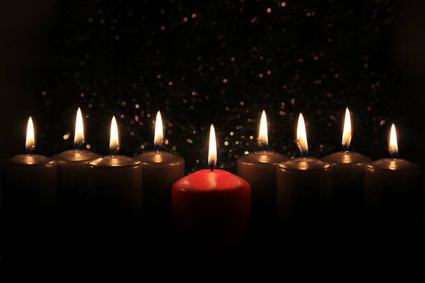 istock Nine burning candles on blurred background. Hanukkah concept. 1140199305