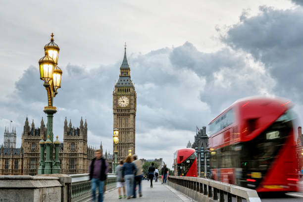 istock Incidental blurred people and car traffic on Westminster Bridge at twilight 1140200193