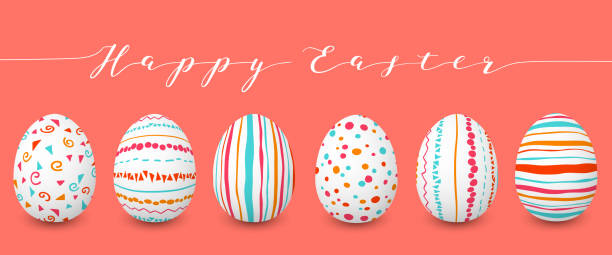 ilustrações, clipart, desenhos animados e ícones de ovos de easter felizes ajustados em um copyspace da fileira. ovos de easter coloridos no fundo coral. fonte de mão - red easter blue frame