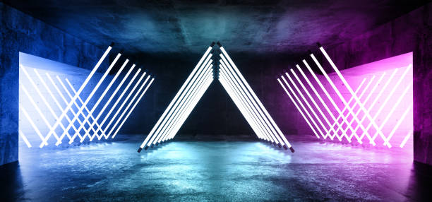 istock Triangle Pyramid Neon Glowing Sci Fi Purple Blue Futuristic Concrete Empty Grunge Reflective Room Vibrant Spectrum Fluorescent Luminous Lasers Hall Tunnel Corridor Alien Spaceship 3D Rendering 1140203687