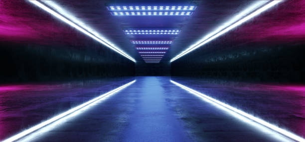 istock Lines Neon Path Glowing Sci Fi Purple Blue Futuristic Concrete Empty Grunge Reflective Room Vibrant Spectrum Fluorescent Luminous Lasers Hall Tunnel Corridor Alien Spaceship 3D Rendering 1140203835