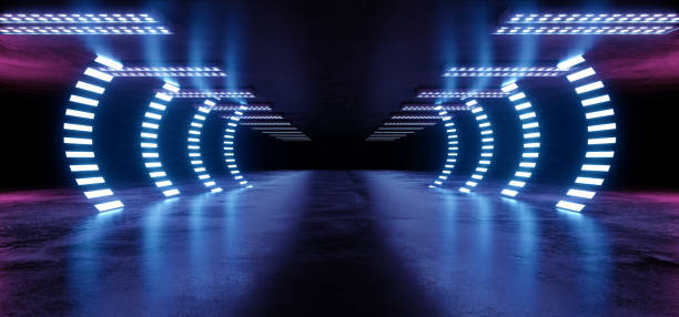 istock Arch Gate Path Neon Glowing Sci Fi Purple Blue Futuristic Concrete Empty Grunge Reflective Room Vibrant Spectrum Fluorescent Luminous Lasers Hall Tunnel Corridor Alien Spaceship 3D Rendering 1140203966
