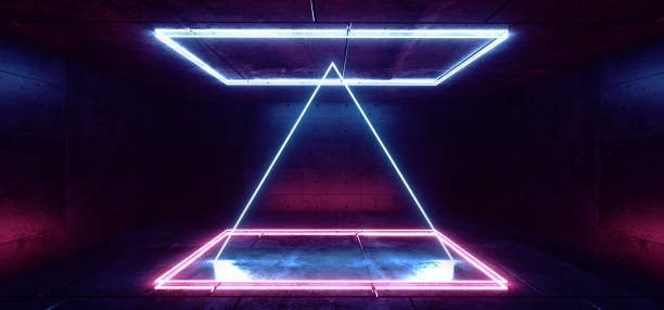 istock Vibrant Retro Neon Glowing Purple Blue Fluorescent Futuristic Sci Fi Rectangle Shaped Abstract Stage Lights Dance Room Empty Reflective Cement Concrete 3D Rendering 1140203973
