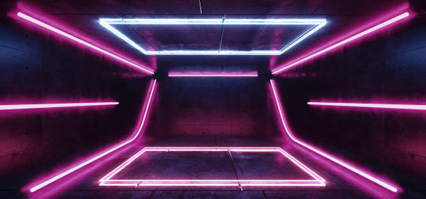 istock Vibrant Retro Neon Glowing Purple Blue Fluorescent Futuristic Sci Fi Rectangle Shaped Abstract Stage Lights Dance Room Empty Reflective Cement Concrete 3D Rendering 1140203985