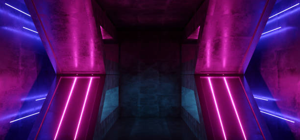 istock Sci Fi Neon Fluorescent Retro Glowing Purple Blue Alien Spaceship Base Underground Tunnel Corridor Refelctive Grunge Concrete Dance Club Stage Showroom Vibrant Virtual Reality 3D Rendering 1140204184